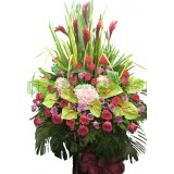 AGS021- 豐盛- 粉秀球, 綠色掌, 紅薹, 玫瑰花襯花及配葉原木高架鮮花籃 (7呎高花籃)